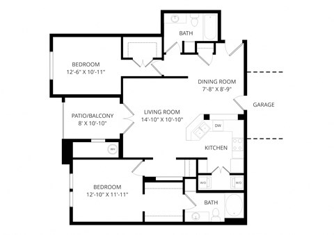 Floor plan for 2 beds, 2 baths, 1142 sqft